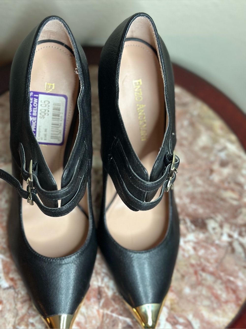 Enzo Angiolini Black Pointed Toe Ankle-Strap Pumps with Gold Toe Cap